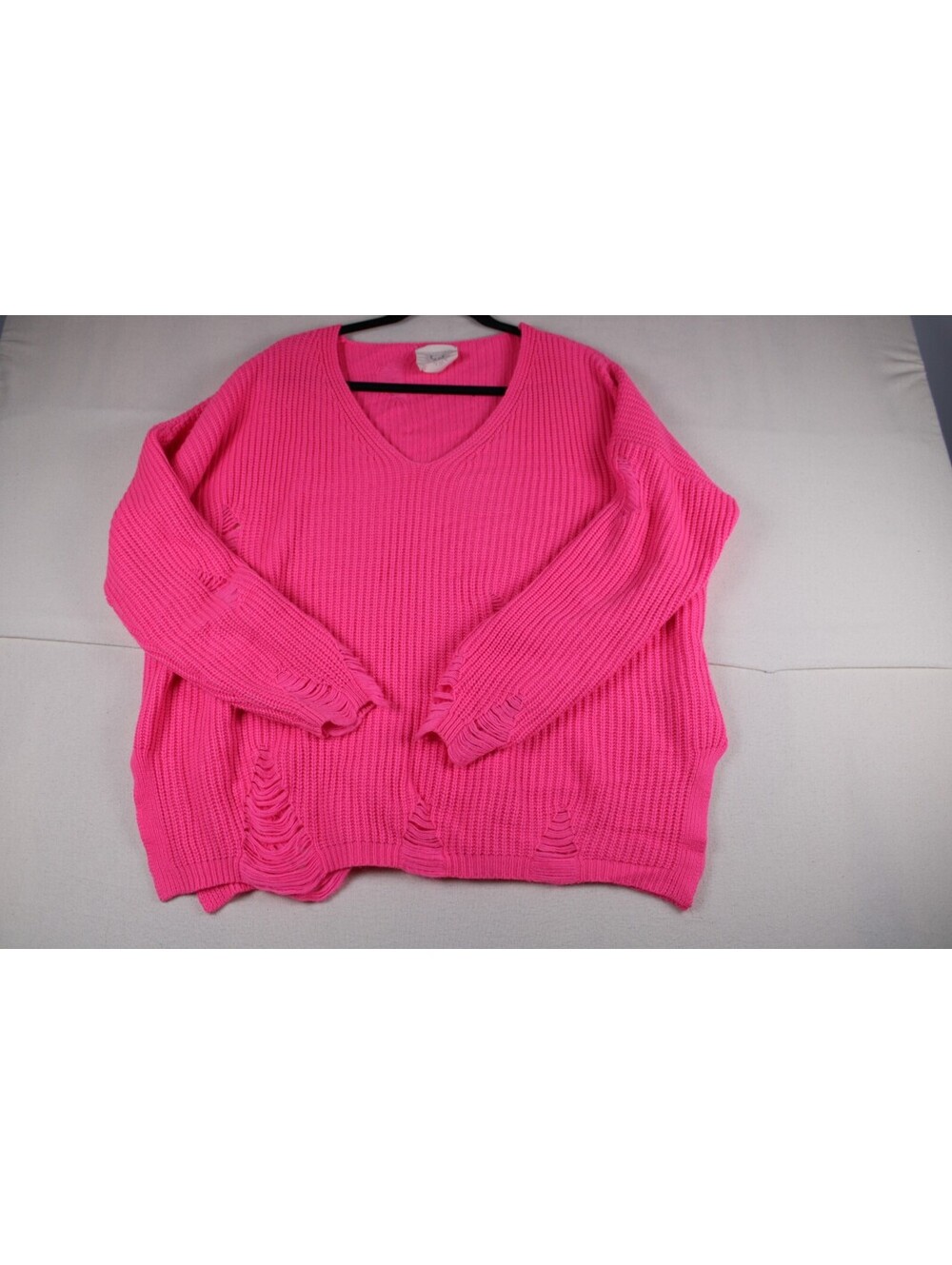 Fantastic Fawn Hot Pink Distressed V-Neck Sweater - S